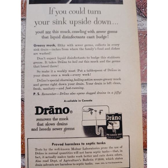 1950 Drano "If You Could Turn Sink Upside Down..." Scared Housewife Vtg Print Ad - Picture 7 of 7